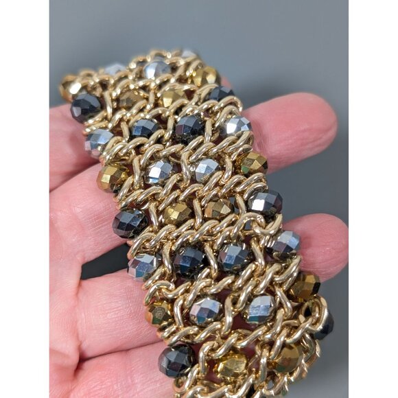 Gold Tone Chain Bracelet Faceted Gray Gold Glass Beads Evening  7 in - Picture 5 of 5